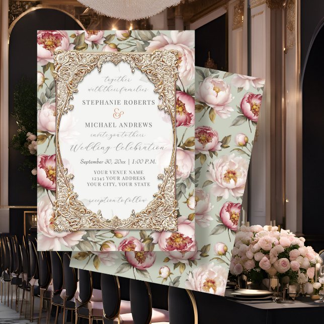 Peony Elegant Blommigt Guld w Rosa och Sage Bröllo Inbjudningar (Skapare uppladdad)
