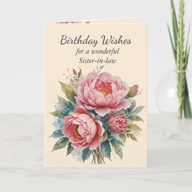 Peony Flower Bouquet Sister-in-law Birthday Card Kort (Framsida)