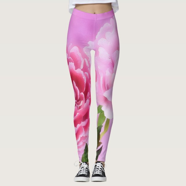 Peony Flowers Blommigt Art Rosa Leggings (Framsida)