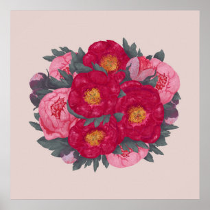 Peony Flowers Bouquet Botanical Red Rosa Poster