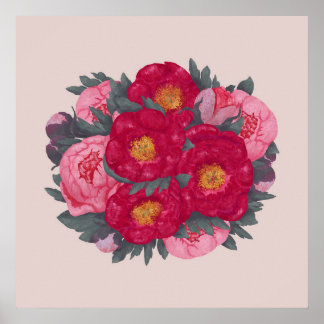 Peony Flowers Bouquet Botanical Red Rosa Poster