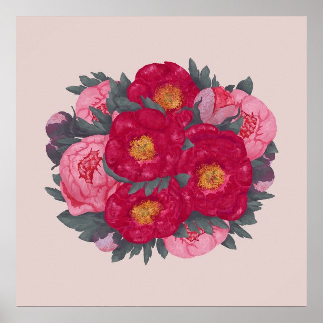 Peony Flowers Bouquet Botanical Red Rosa Poster (Framsidan)