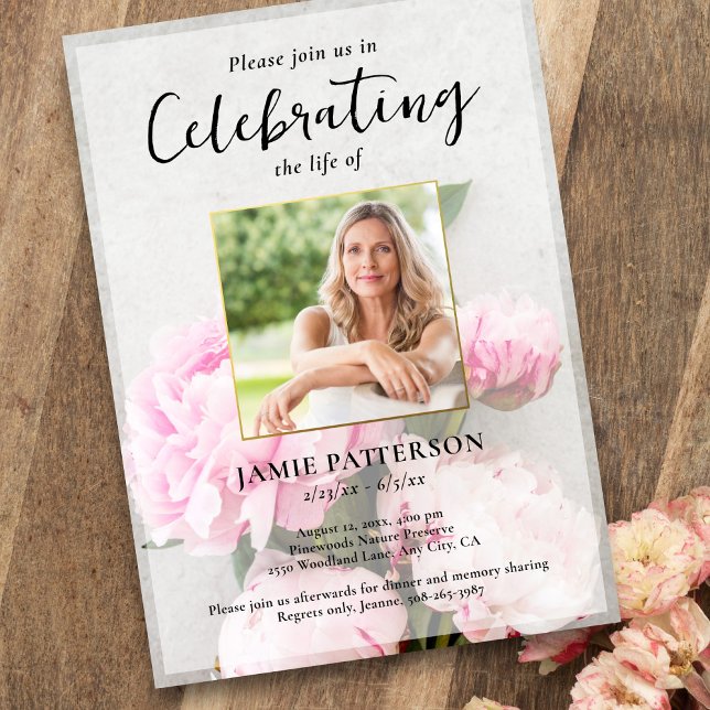 Peony Flowers Celebration of Life Photo, Funeral Inbjudningar (Skapare uppladdad)