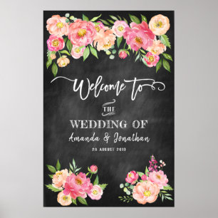 Peony Flowers Chalkboard Välkommen till Bröllop Poster
