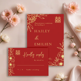 Peony Flowers Modern China Red Guld Bröllop OSA Inbjudningar