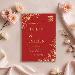 Peony Flowers Modern Chinese Red Gold Wedding Inbjudningar