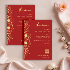 Peony Flowers Modern Chinese Red Gold Wedding Menu Inbjudningar
