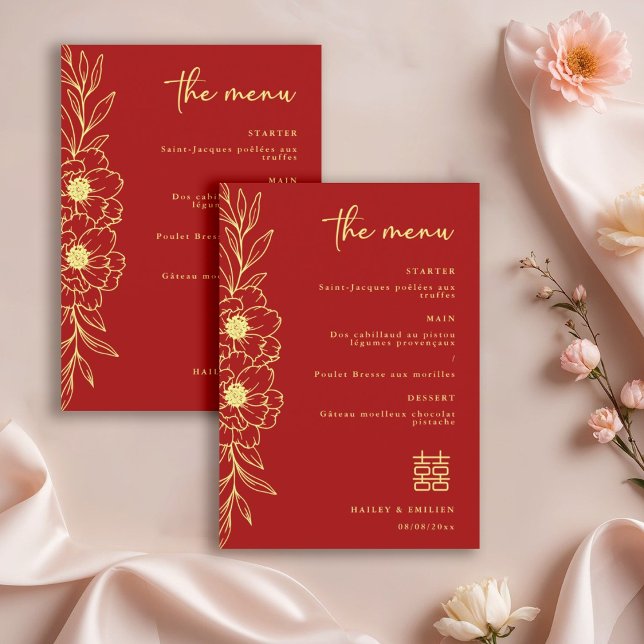 Peony Flowers Modern Chinese Red Gold Wedding Menu Inbjudningar (Skapare uppladdad)