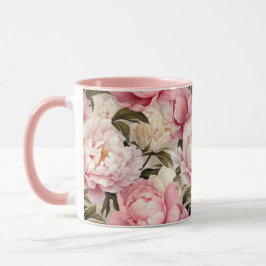 Peony Flowers White Rosa Blommigt Blommars Designe Mugg