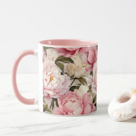 Peony Flowers White Rosa Blommigt Blommars Designe Mugg