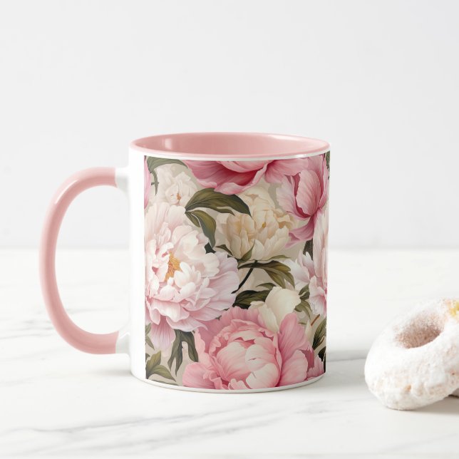 Peony Flowers White Rosa Blommigt Blommars Designe Mugg (Med munk)