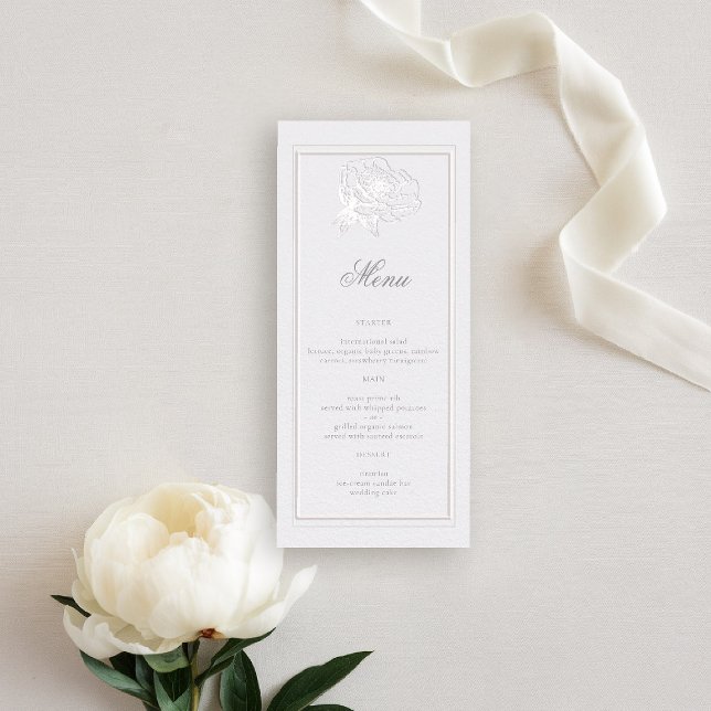 Peony Formal Modern Classic Ivory Bröllop Meny (peony wedding menu formal modern classic traditional calligraphy double frame faux embossed ivory)