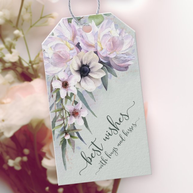 Peony Garden Best Önskemål med Hugs och Kisses Presentetikett (Peony Garden Best Wishes with Hugs and Kisses Sage Green Gift Tags)