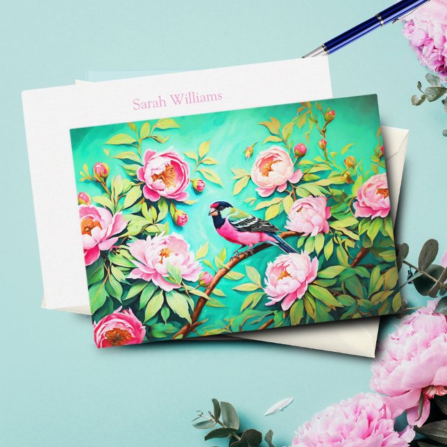 Peony Gräs Gosbeak ai Artwork Oljemålning Anteckningskort (Perfect for heartfelt messages, this elegant card adds natural beauty.)