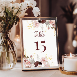  Peony & Guld Burgundy Bröllop Bordsnummer