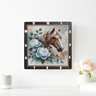 Peony Horse Blommigt Timebit Fyrkantig Klocka