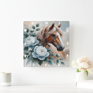 Peony Horse Blommigt Timebit Fyrkantig Klocka