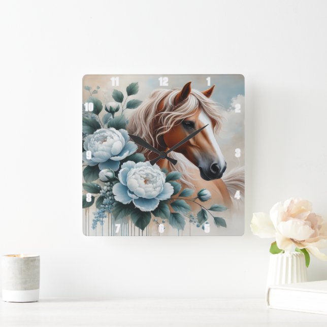 Peony Horse Blommigt Timebit Fyrkantig Klocka (Hem)