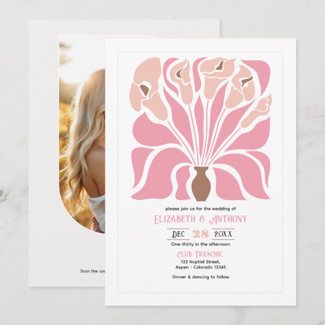 Peony & Mocha Abstract Floral Boho Wedding Inbjudningar (Fram/baksida)