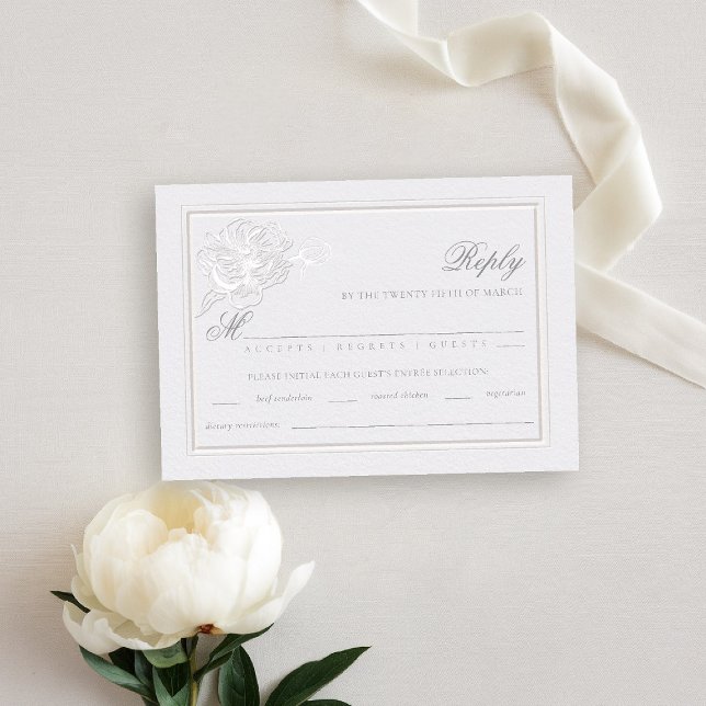 Peony Modern Formal Elegant bröllop Meal OSA (peony wedding rsvp reply meal formal modern classic traditional calligraphy double frame faux emboss)