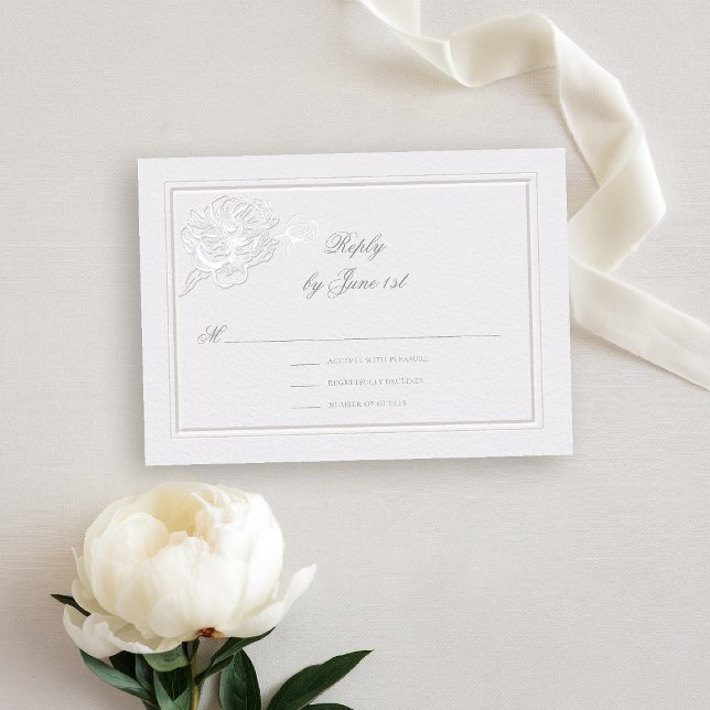 Peony Modern Formell Elegant Ivory Bröllop Respons (peony wedding rsvp reply formal modern classic traditional calligraphy double frame faux embossed)