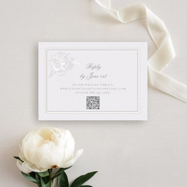 Peony Modern Formell Elegant QR Bröllop Response (peony wedding rsvp reply QR formal modern classic traditional calligraphy double frame faux embossed)
