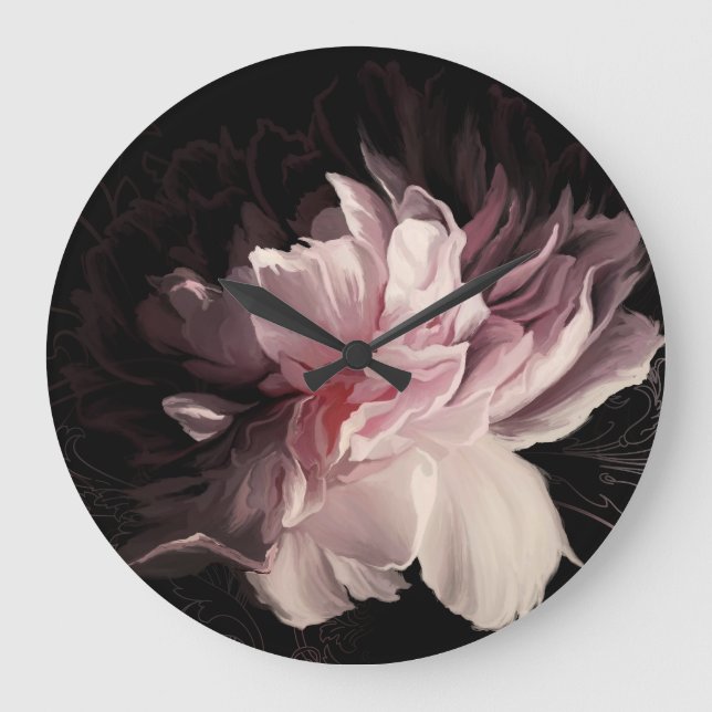 Peony Mörk Wall: Payed Flower Design Stor Klocka (Framsida)