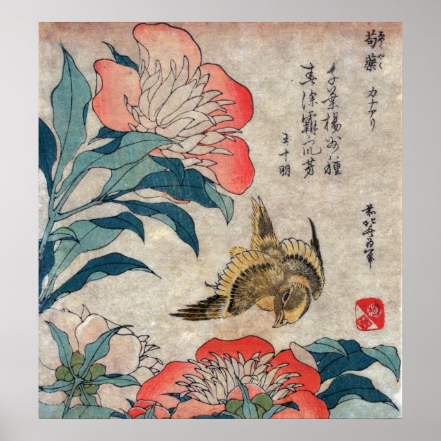 Peony och Canary, Hokusai Poster (Framsidan)