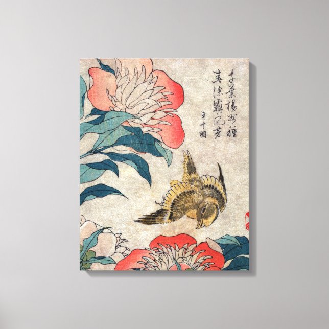 Peony och Canary, Katsushika Hokusai Canvastryck (Framsida)