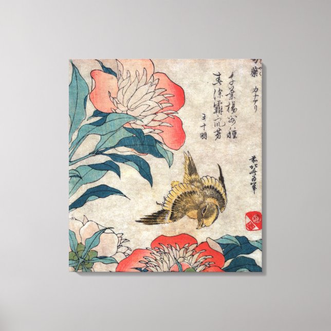 Peony och Canary, Katsushika Hokusai Canvastryck (Framsida)