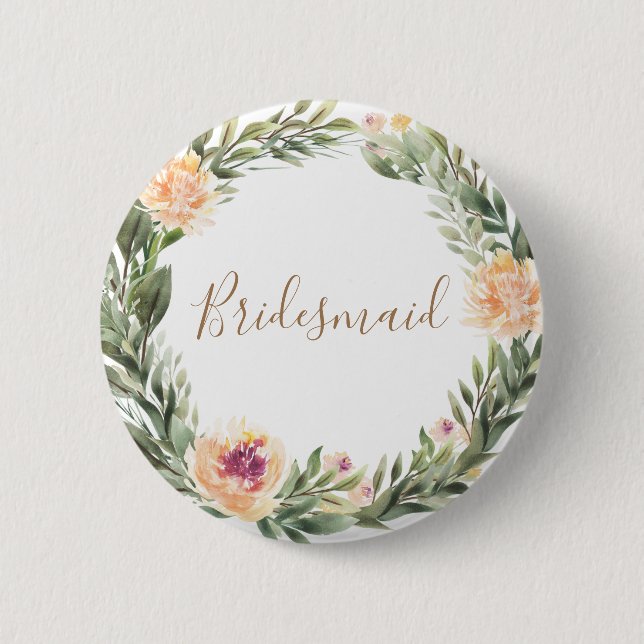 Peony och Foliage Ram Bridesmaid Badge Knapp (Framsida)