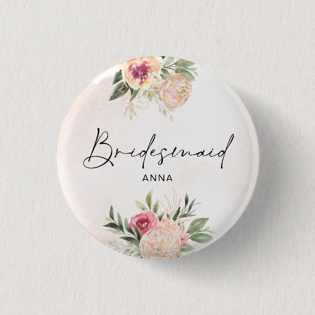 Peony och Gold Foil Bloom Badge Knapp (Framsida)
