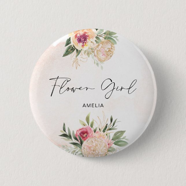 Peony och Gold Foil Bloom Flower Girl Badge Knapp (Framsida)