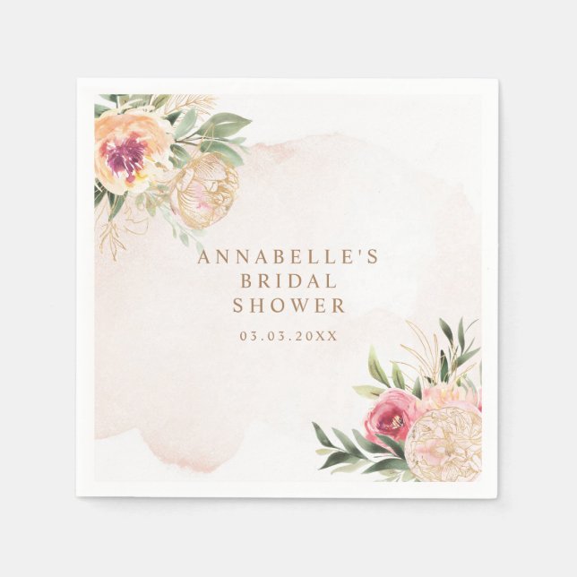 Peony och Gold Foil Bloom Möhippa Napkin Pappersservett (Framsidan)