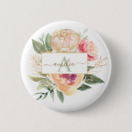 Peony och Gold Foil Bloom Monogram Namn Badge Knapp