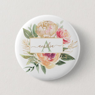 Peony och Gold Foil Bloom Monogram Namn Badge Knapp