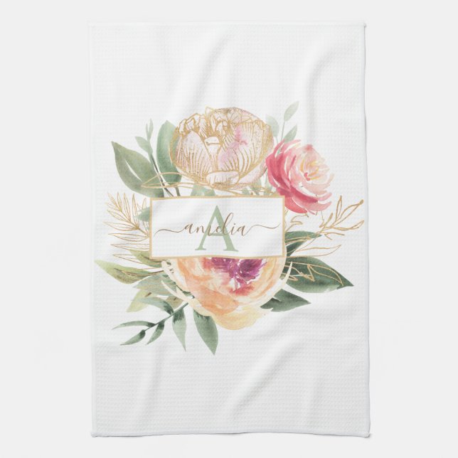 Peony och Gold Foil Bloom Monogram Namn Kökshandduk (Vertikal)