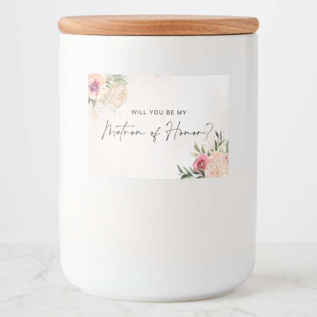 Peony och Guld Bloom Matron of Honor Candle Label Mat Etiketter (Framsida)