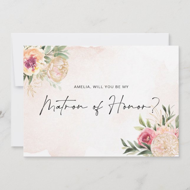 Peony och Guld Bloom Matron of Honor Flat Card (Framsida)