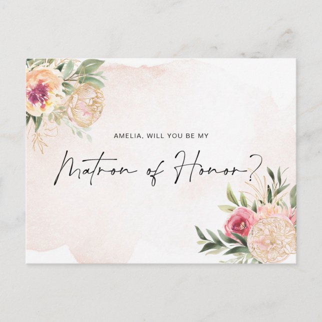 Peony och Guld Bloom Matron of Honor Post Card Vykort (Framsida)