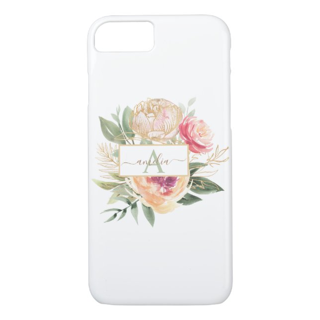 Peony och Guld Bloom Monogram Namn Case-Mate iPhone Skal (Baksida)