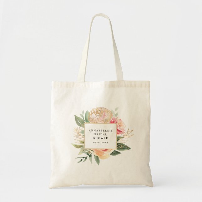 Peony och Guld Flowers Möhippa Tote Tygkasse (Framsidan)