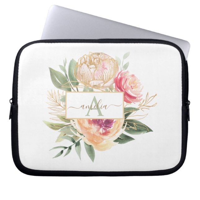 Peony och Guld Flowers Monogram Namn iPad Pro Cove Laptop Fodral (Framsidan)
