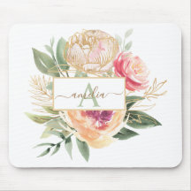Peony och Guld Flowers Monogram Namn