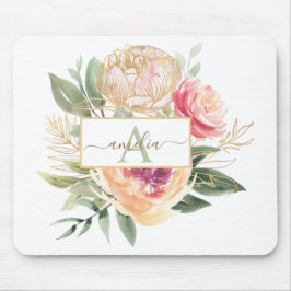 Peony och Guld Flowers Monogram Namn Musmatta