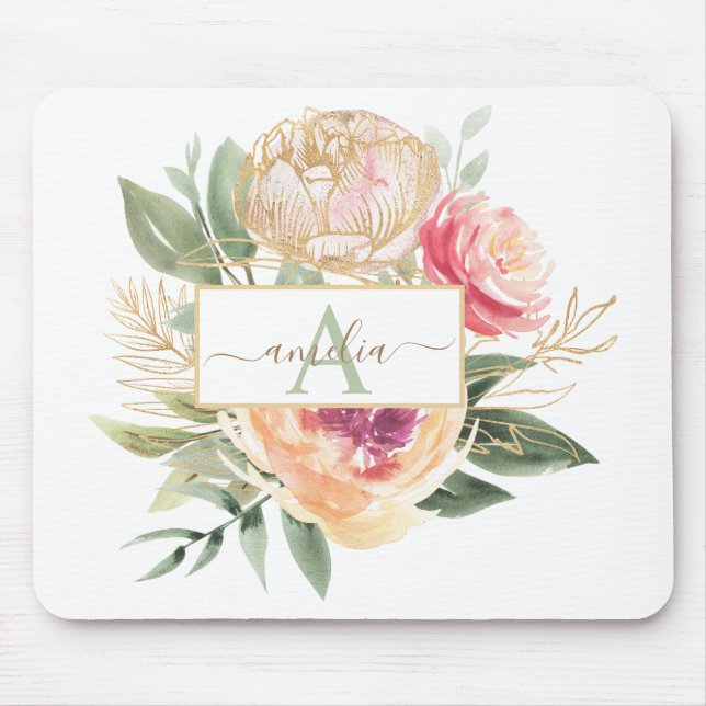 Peony och Guld Flowers Monogram Namn Musmatta (Framsidan)