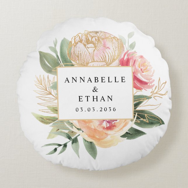 Peony och Guld Flowers Newlyweds Cushion Rund Kudde (Framsidan)