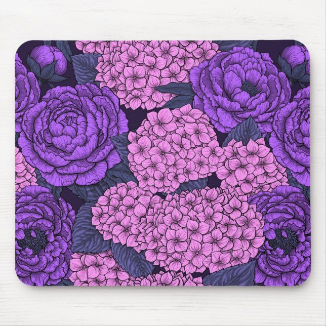 Peony och hydrangea i rosa och violett musmatta (Framsidan)
