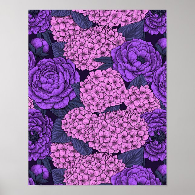 Peony och hydrangea i rosa och violett poster (Framsidan)