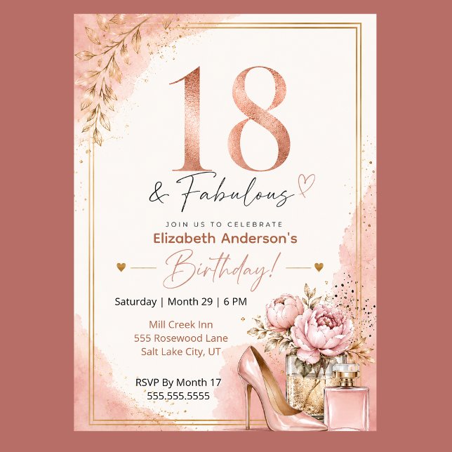 Peony och parfym fantastisk 18-årsdag inbjudningar (Elegant 18th birthday invitation with blush pink watercolor, rose gold glitter, and peony flowers,)